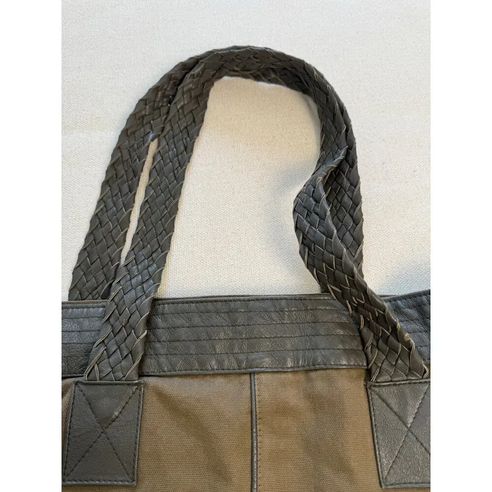 EUC Ambre Babzoe Canvas Lamb Leather Tote Bag Braided Leather Straps Brown Gray